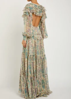 Patterned ruffled silk maxi dress