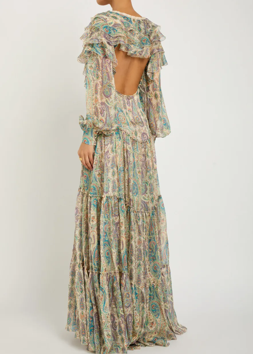 Patterned ruffled silk maxi dress