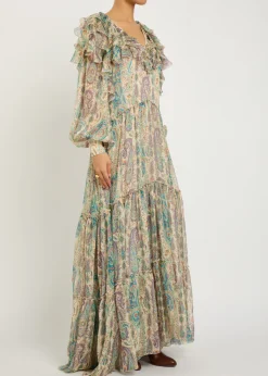 Patterned ruffled silk maxi dress