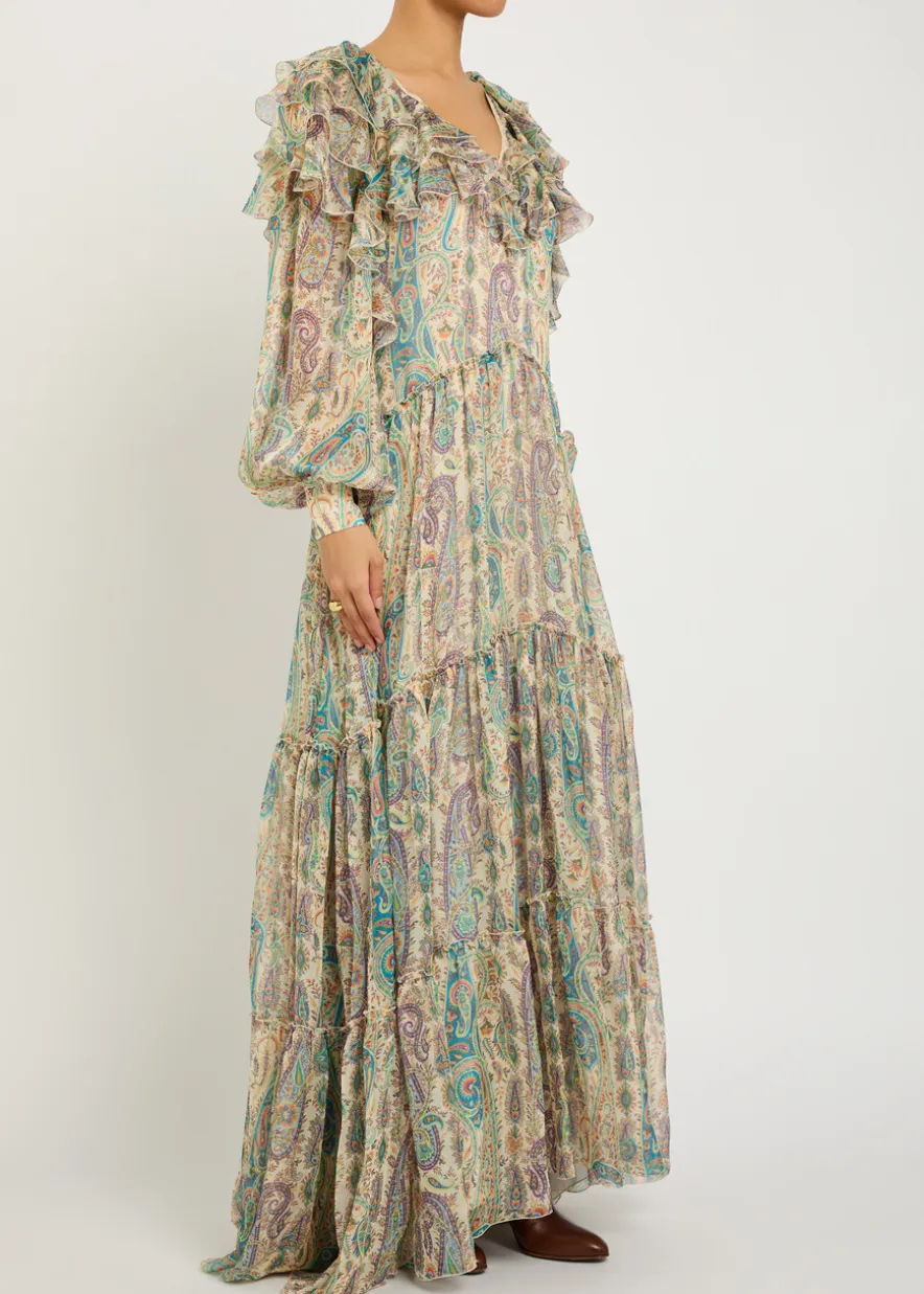 Patterned ruffled silk maxi dress