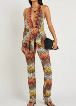 Patterned slim-leg metallic-knit beach trousers