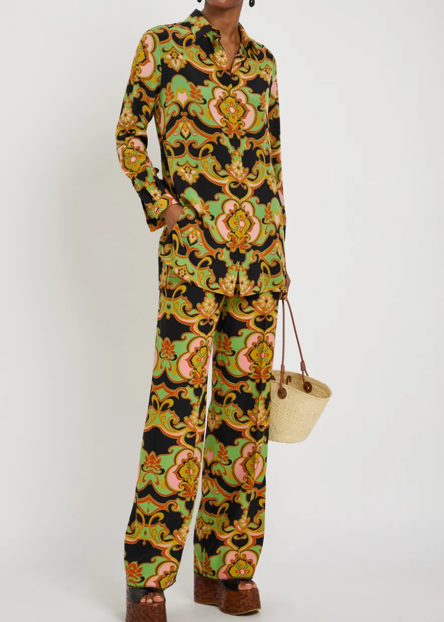 Patterned straight-leg silk trousers
