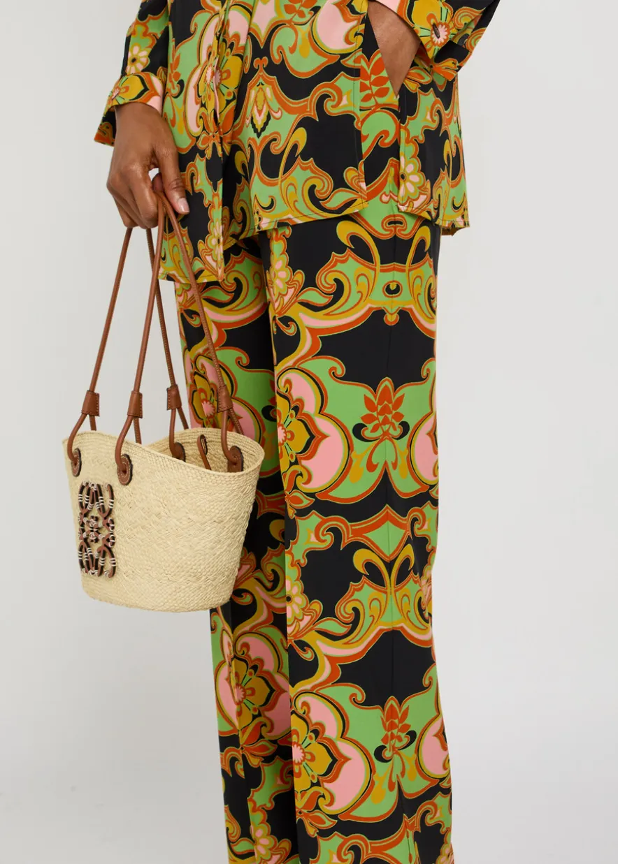 Patterned straight-leg silk trousers