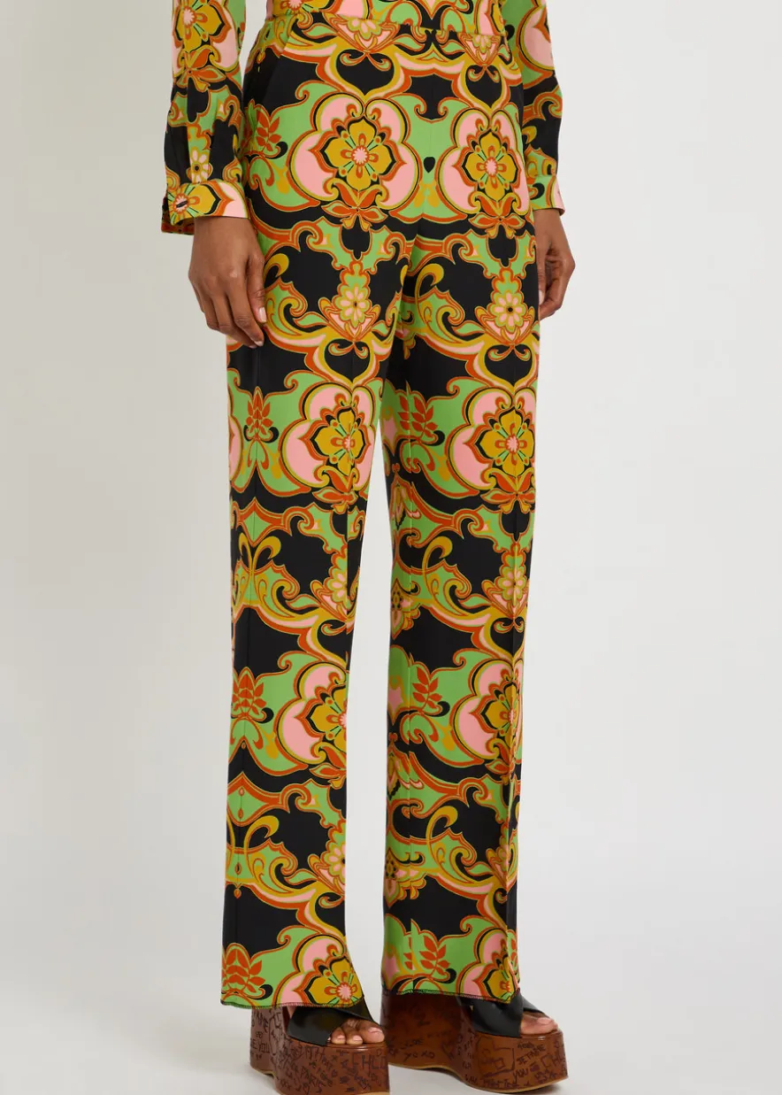 Patterned straight-leg silk trousers