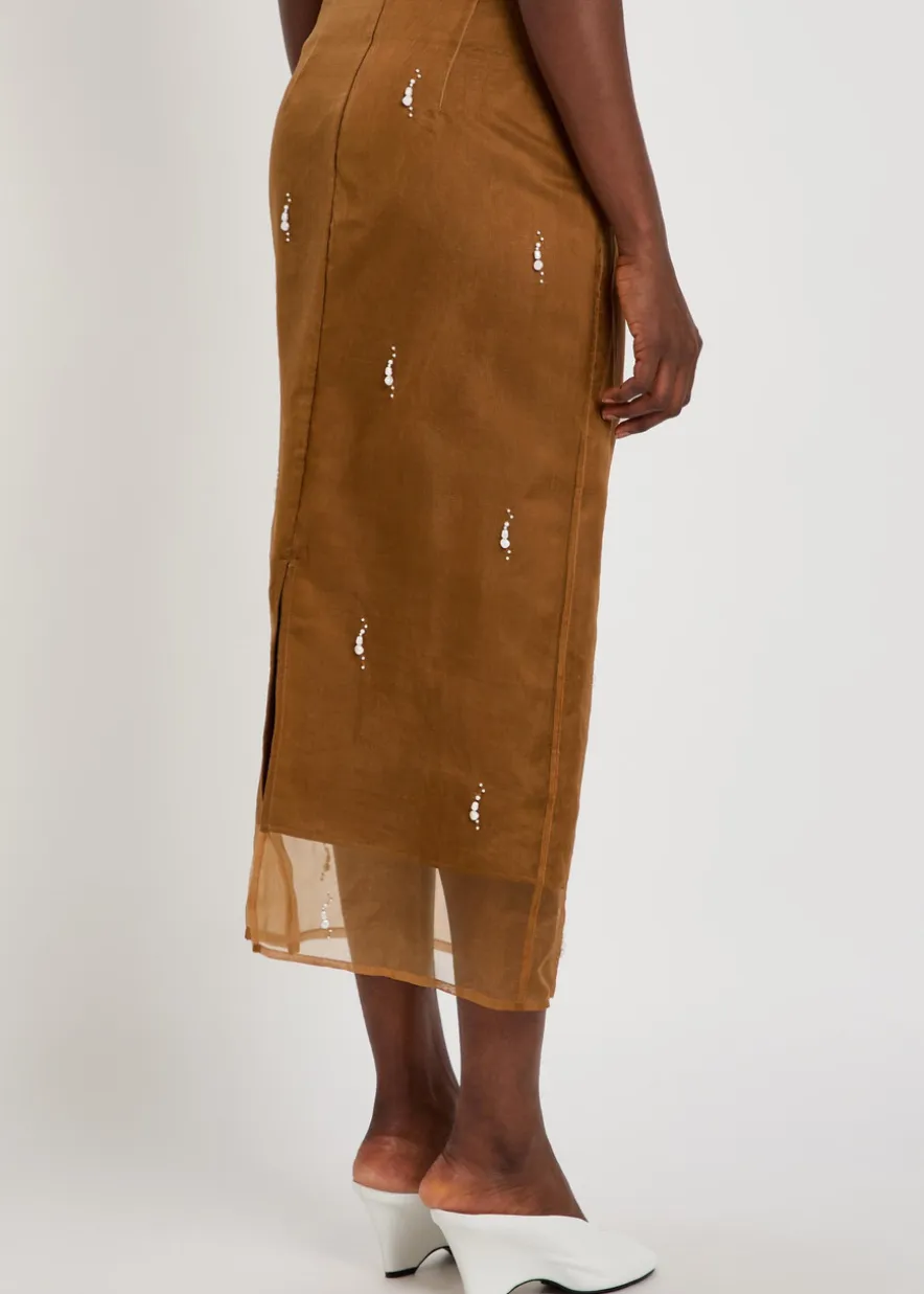 Pearl-embellished silk-organza midi skirt