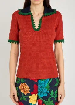 Picket textured cotton-blend polo top