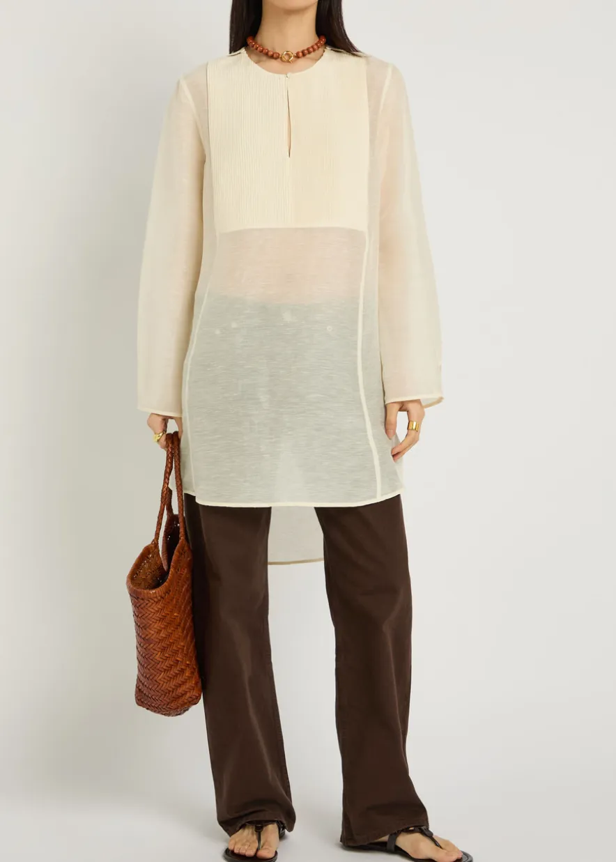 Pintucked linen and silk-blend tunic