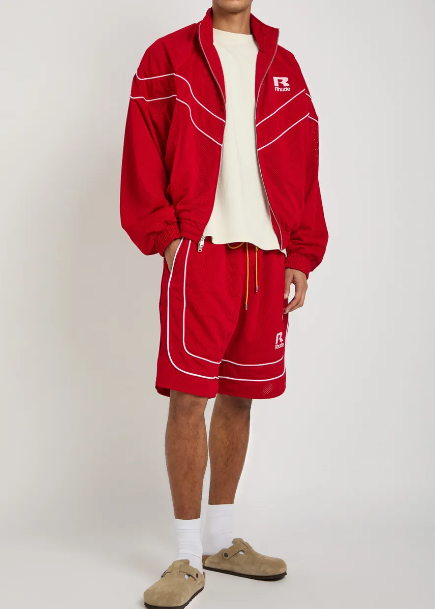 Pipe-trimmed mesh track jacket
