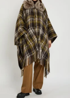Plaid brushed wool-blend cape