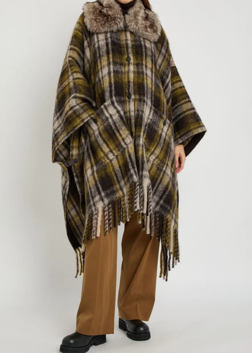Plaid brushed wool-blend cape