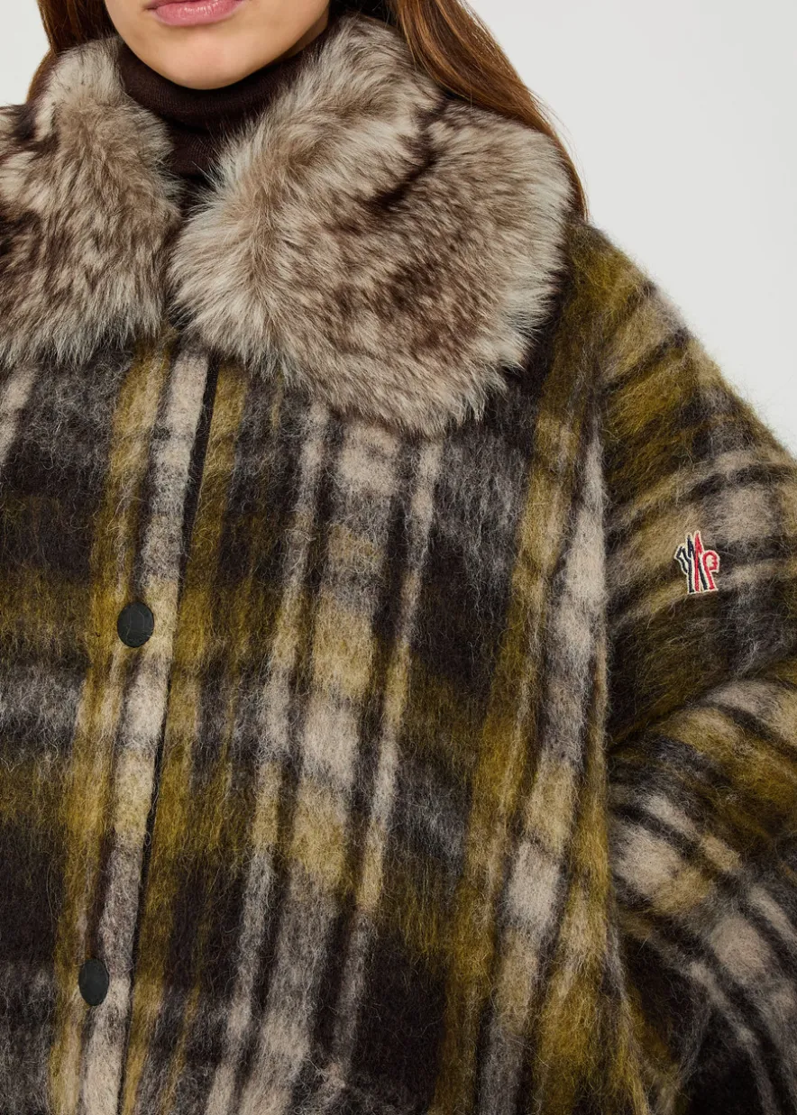 Plaid brushed wool-blend cape