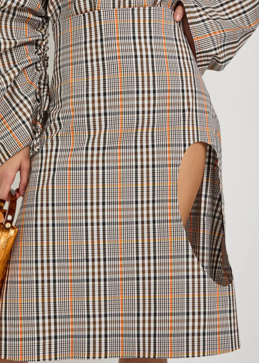 Plaid cut-out cotton-blend midi skirt