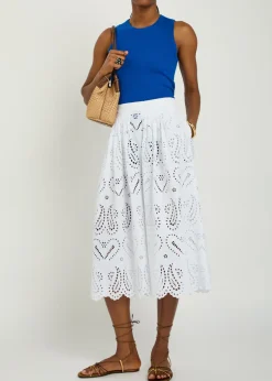Pleated embroidered cotton-blend midi skirt