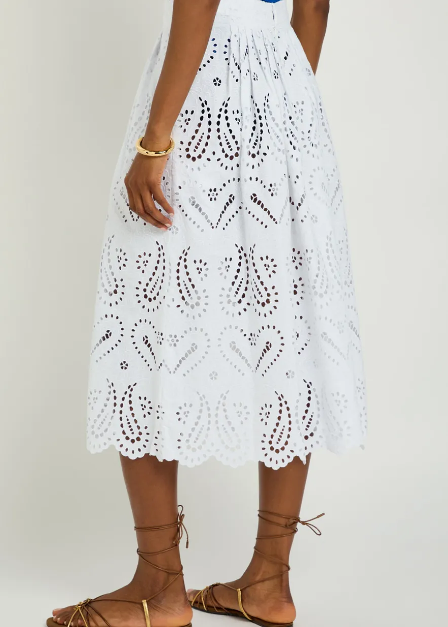 Pleated embroidered cotton-blend midi skirt