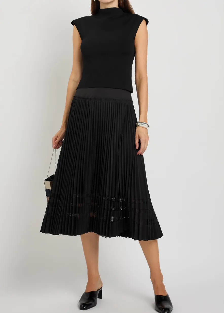 Pleated lace-insert woven midi skirt