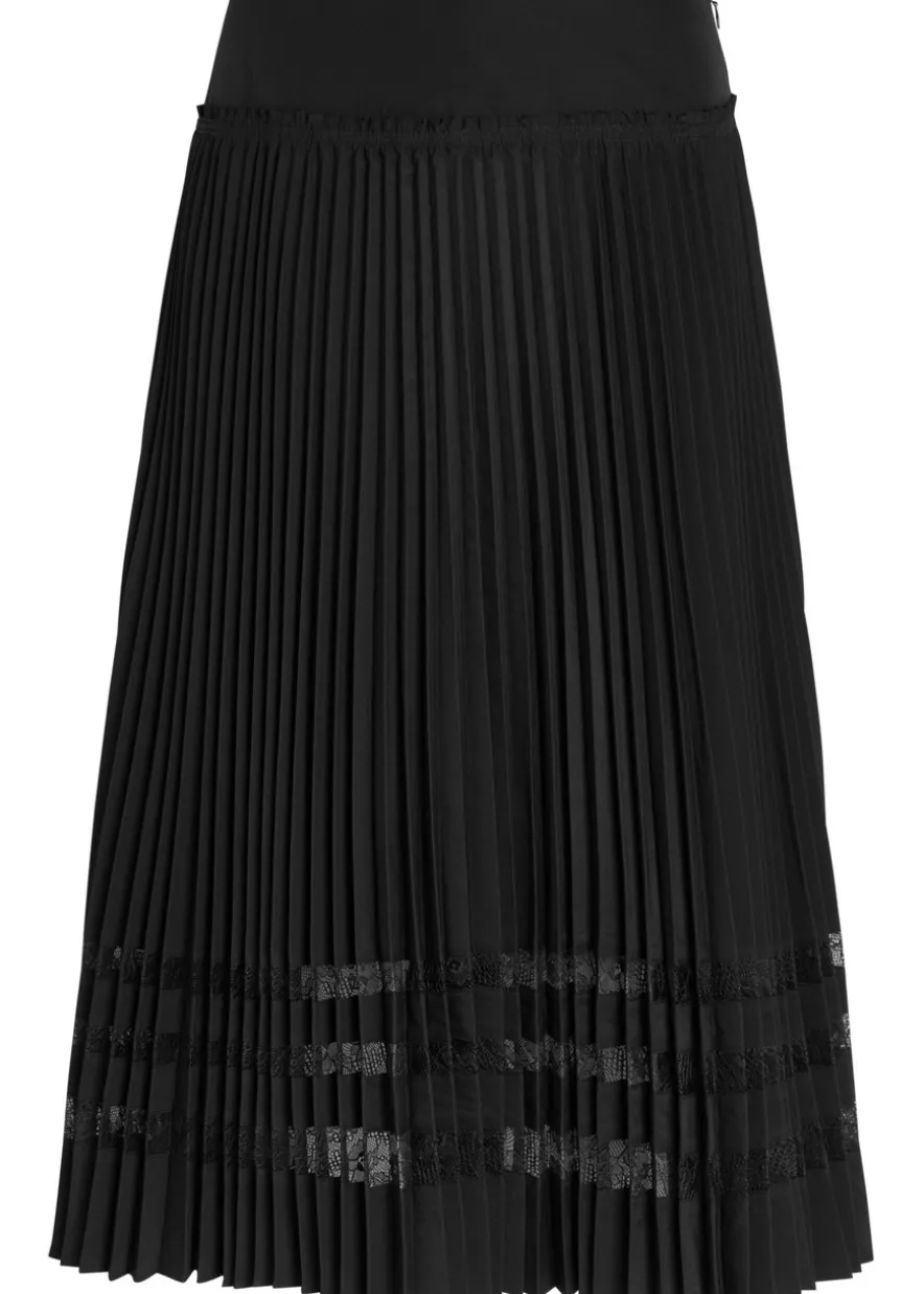 Pleated lace-insert woven midi skirt