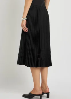Pleated lace-insert woven midi skirt