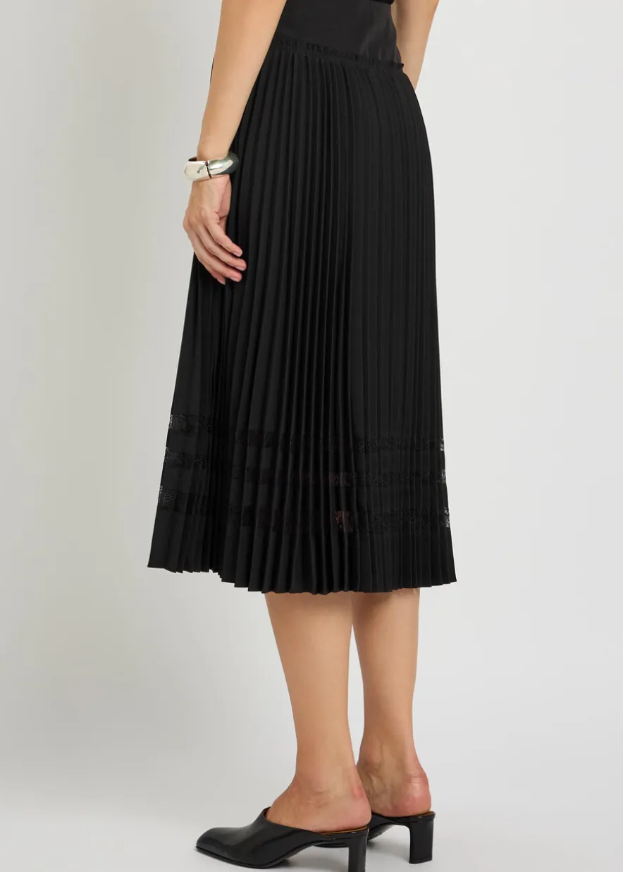 Pleated lace-insert woven midi skirt