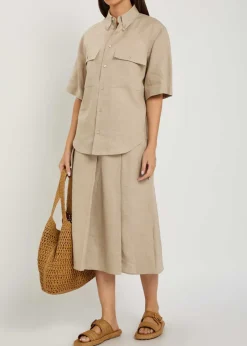 Pleated linen midi skirt