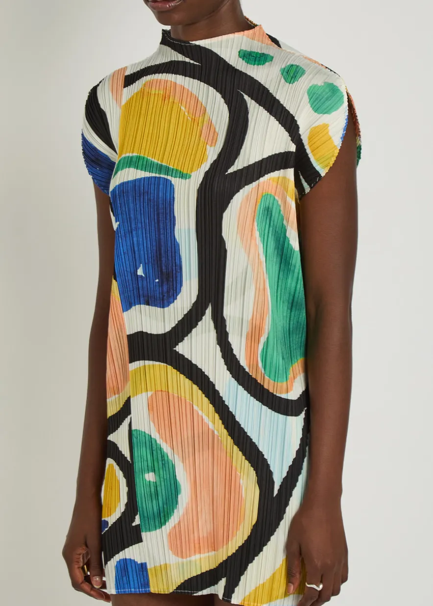 Pleated printed woven mini dress