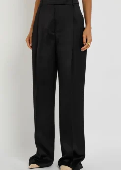 Pleated straight-leg satin trousers