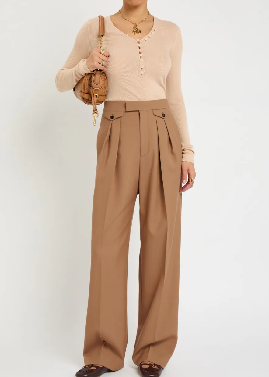 Pleated straight-leg wool trousers