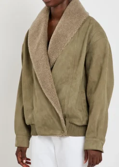 Plush-trim wrap faux suede jacket