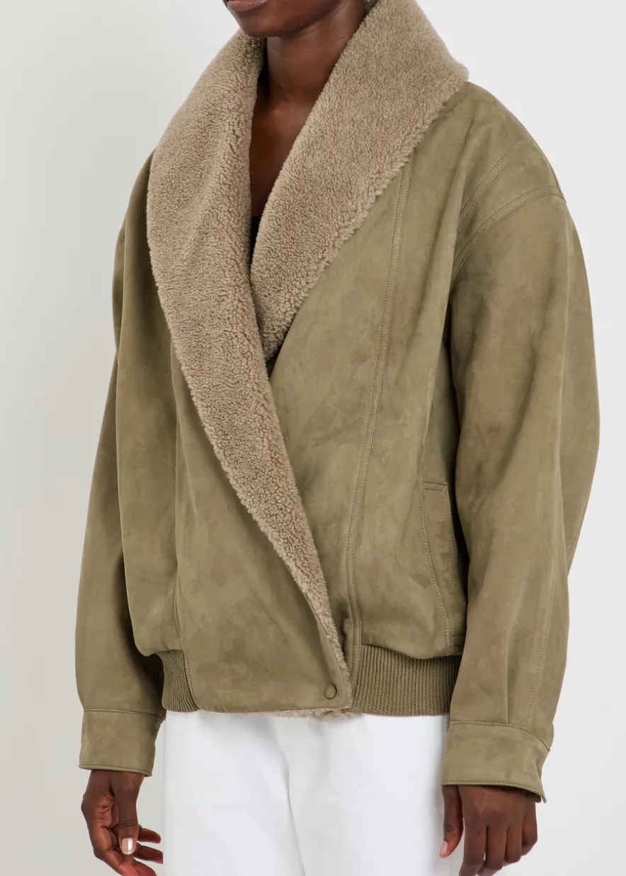 Plush-trim wrap faux suede jacket