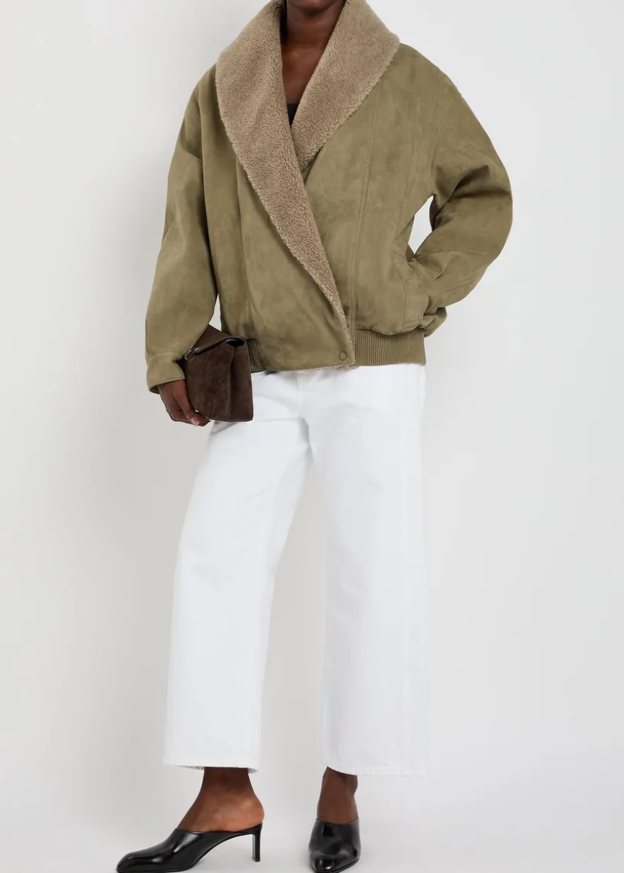 Plush-trim wrap faux suede jacket