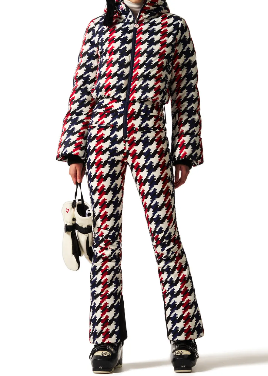 Polar houndstooth flared-leg ski suit