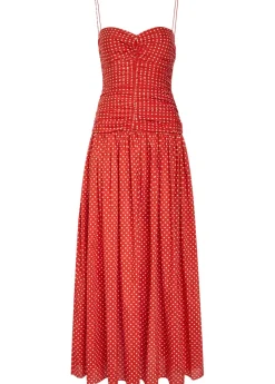 Polka dot gathered cotton-blend midi dress