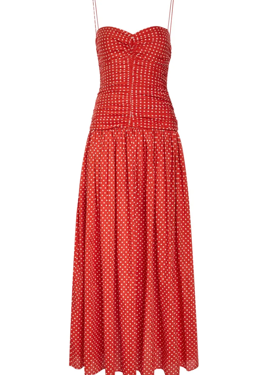 Polka dot gathered cotton-blend midi dress