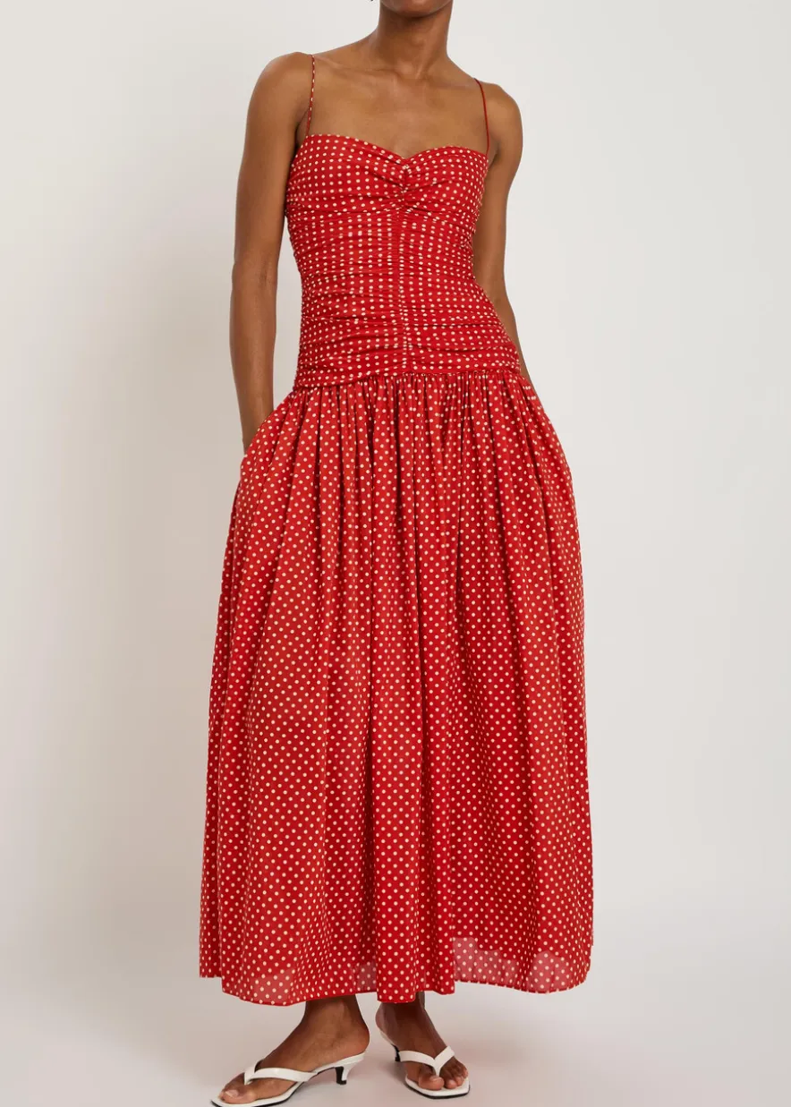 Polka dot gathered cotton-blend midi dress