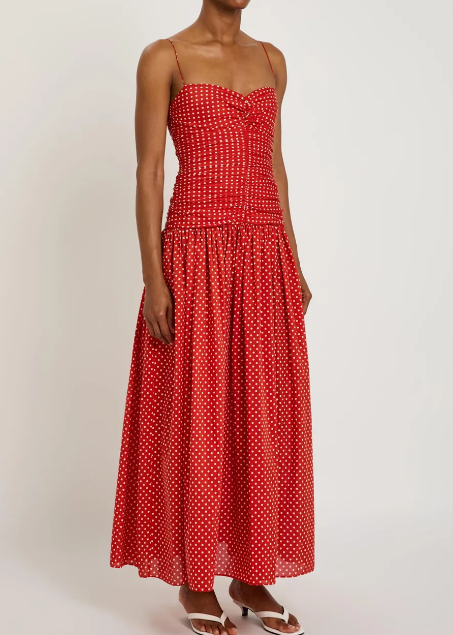 Polka dot gathered cotton-blend midi dress