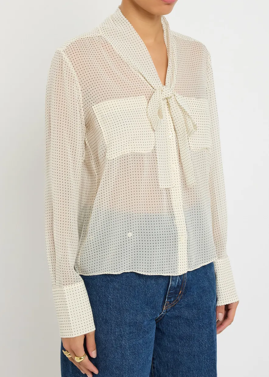 Polka-dot tie-neck silk blouse