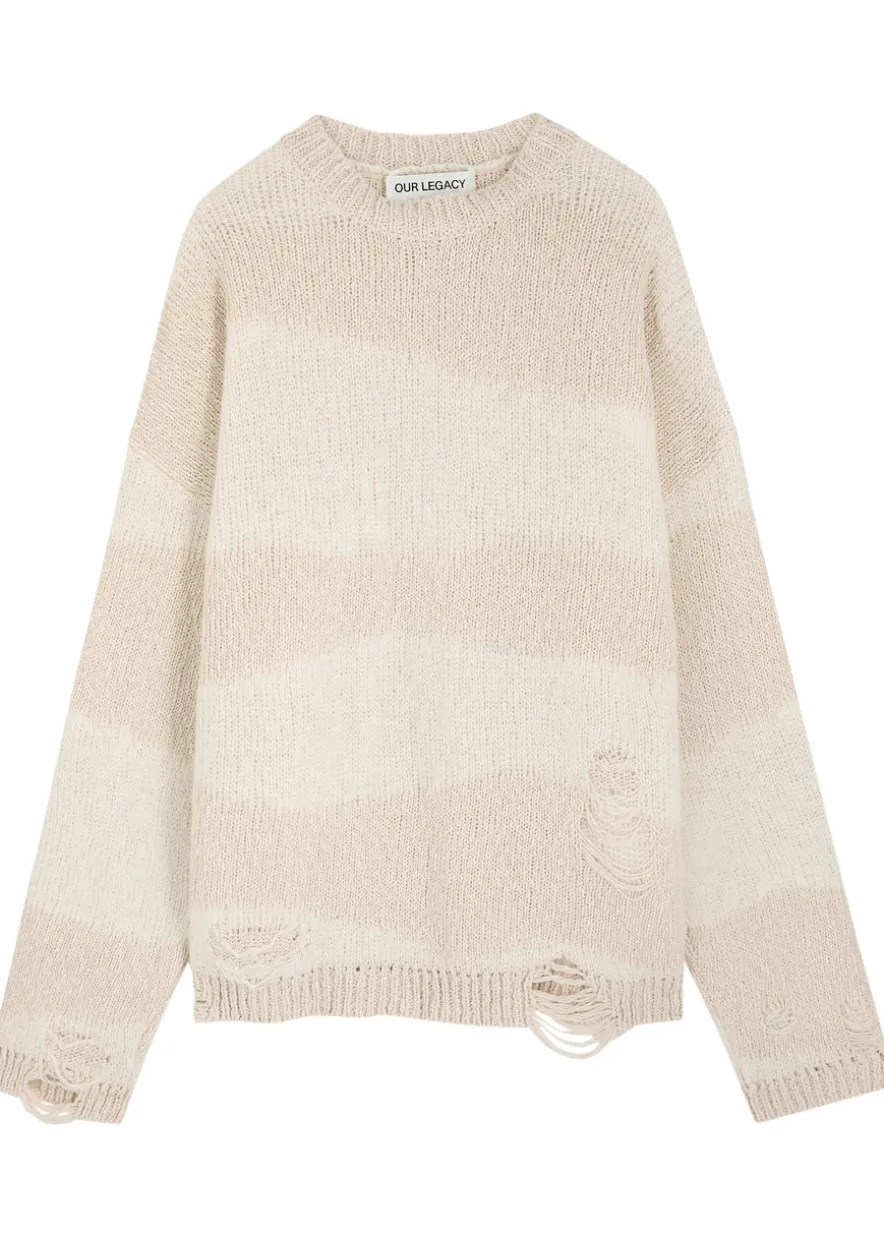 Popover Roundneck striped distressed cotton-blend jumper