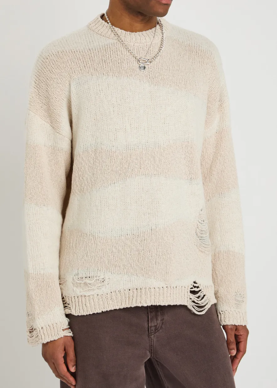Popover Roundneck striped distressed cotton-blend jumper