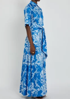 Posie printed belted cotton maxi shirt dress