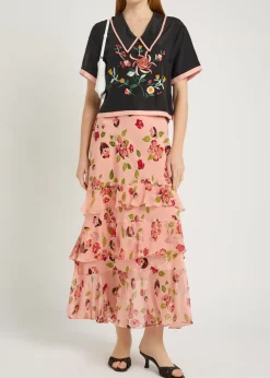Preslee floral ruffled silk-chiffon midi skirt