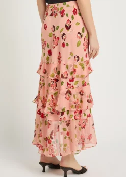 Preslee floral ruffled silk-chiffon midi skirt