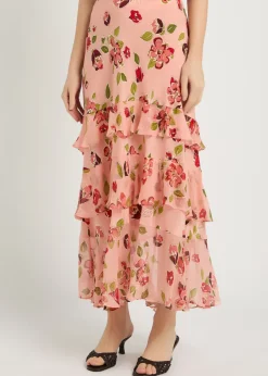 Preslee floral ruffled silk-chiffon midi skirt