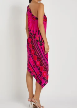 Printed asymmetric silk-twill midi dress