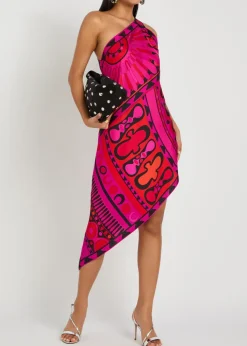Printed asymmetric silk-twill midi dress