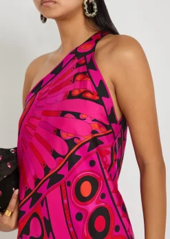 Printed asymmetric silk-twill midi dress