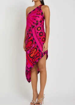 Printed asymmetric silk-twill midi dress
