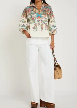Printed balloon-sleeve cotton-poplin top