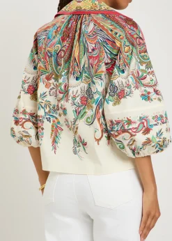 Printed balloon-sleeve cotton-poplin top
