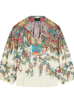 Printed balloon-sleeve cotton-poplin top