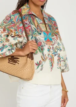 Printed balloon-sleeve cotton-poplin top