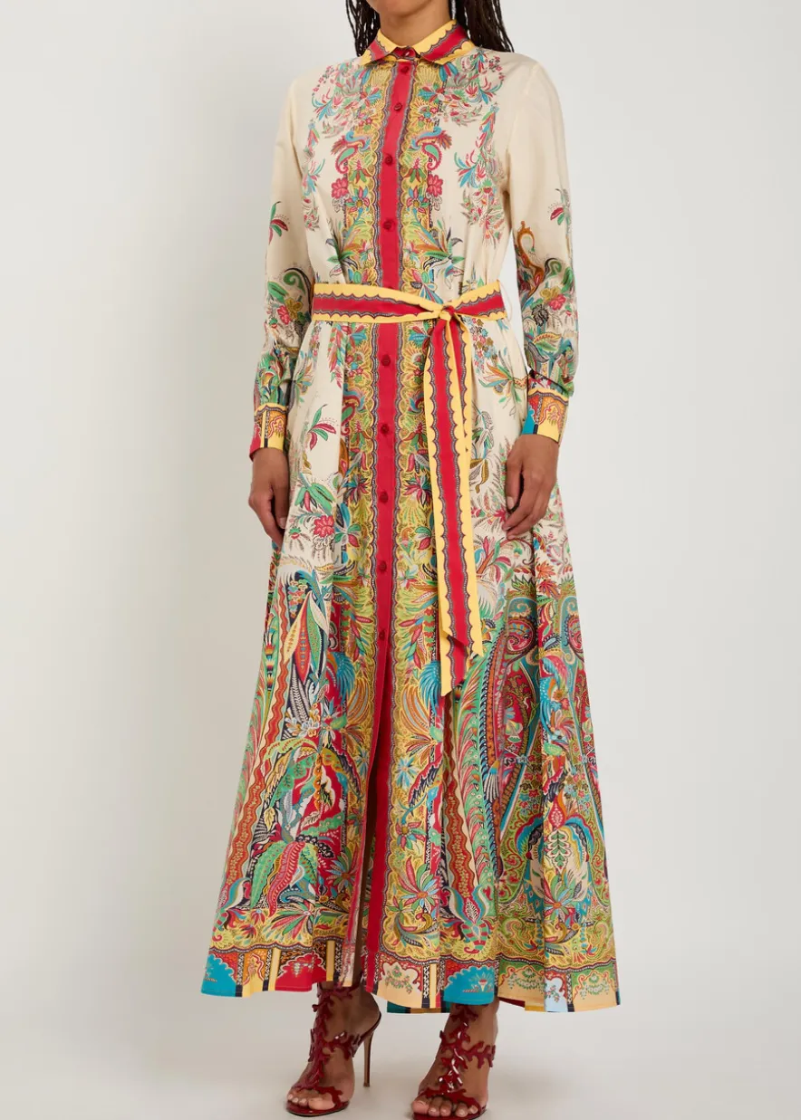 Printed belted cotton-poplin midi shirt dress